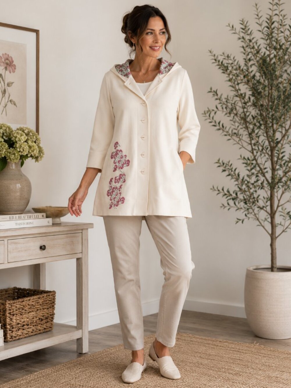 City Hearts Ivory Hooded Jacket Button front up to down Size L